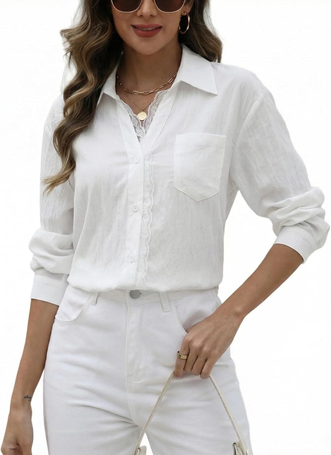 Lace Blouses for Women V Neck Long Sleeve Button Down Shirts Dressy Work Summer Casual Tops - image 1