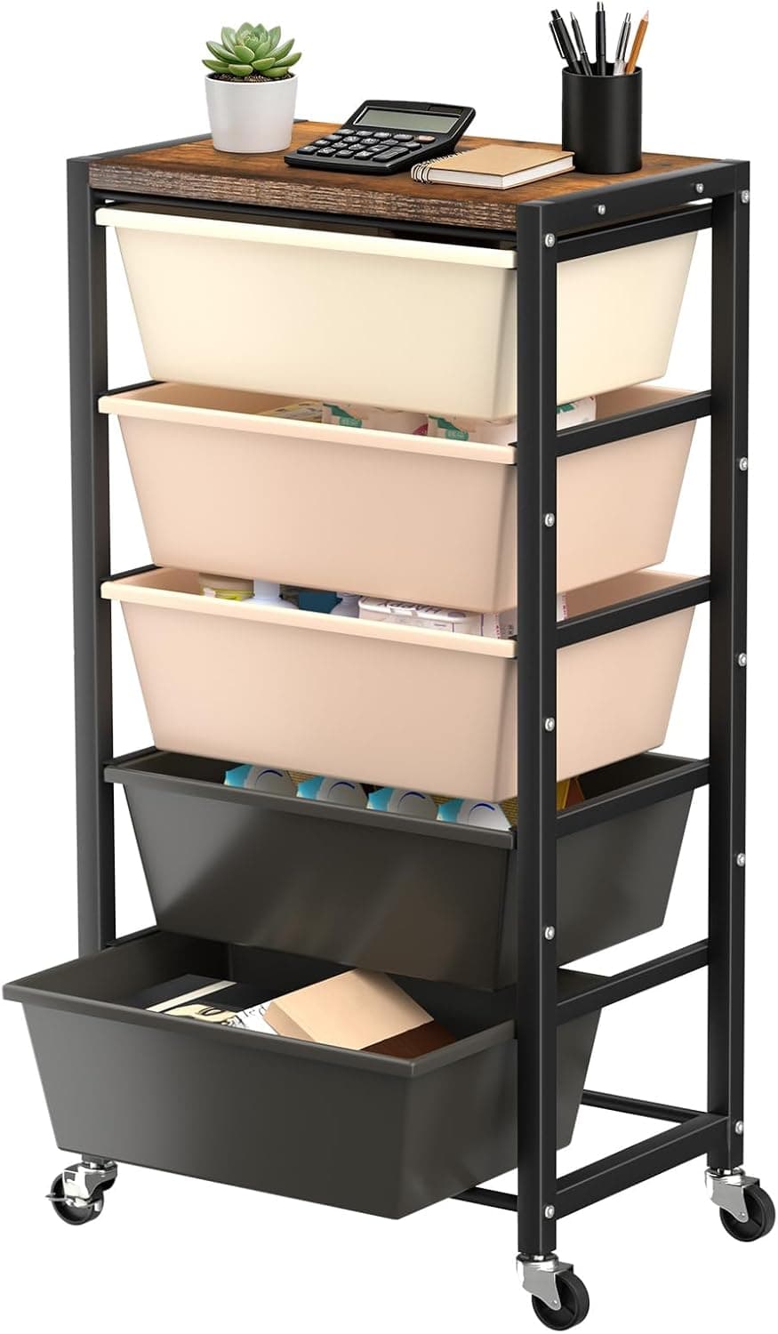Rolling Cart with 5 Drawers, Plastic Drawer Storage Carts with Wheels & Wooden Tabletop, Metal Utility Cart for Office Bedroom Living Room Classroom, Craft Organization and Storage, Dark Brown - image 1