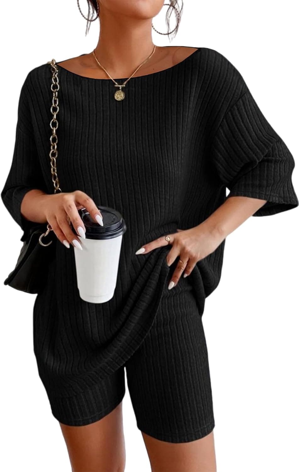 Womens Pajama Set 2 Piece Off Shoulder Summer Outfits Ribbed Knit Biker Short Sets
