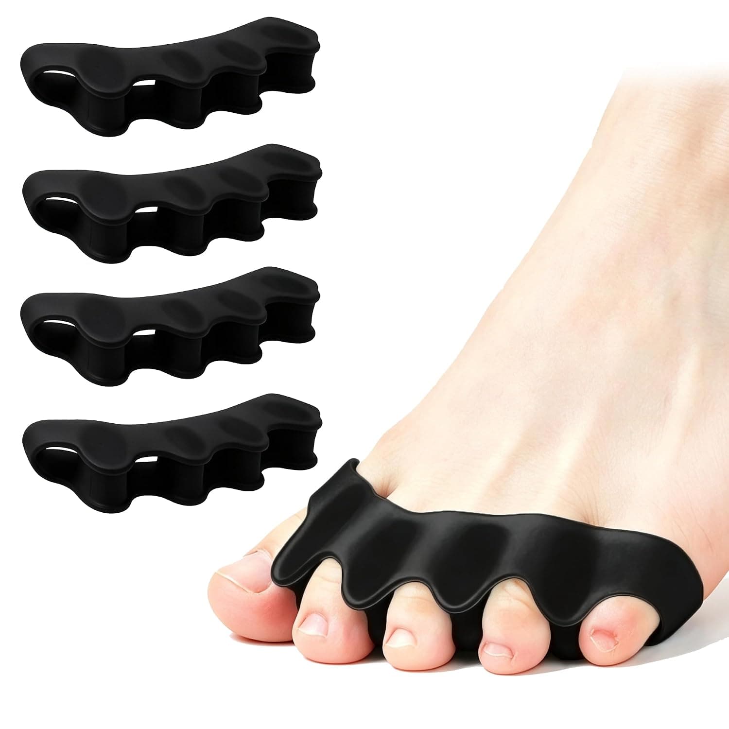 Toe Separators Spacers for Women Men, Toe Correctors Straightener with 5 Loops for Bunion Relief, Feet Alignment & Pedicures, Stretchy Gel Toe Yoga Cushions Spreaders (Black, 4Pcs)