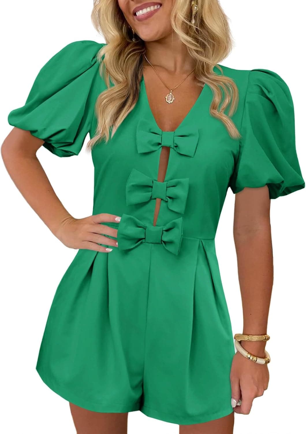 Cicy Bell Womens Cute Rompers Bow Front Puff Sleeve V Neck Short Jumpsuits Sexy Summer Outfits with Pockets - image 1