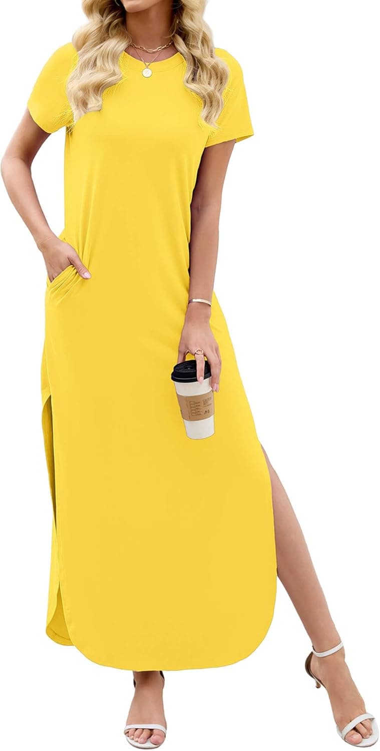 Heymoments Womens Summer Maxi Dress Short Sleeve Casual Loose Long T Shirt Split Vacation Beach Sundress with Pockets - image 1