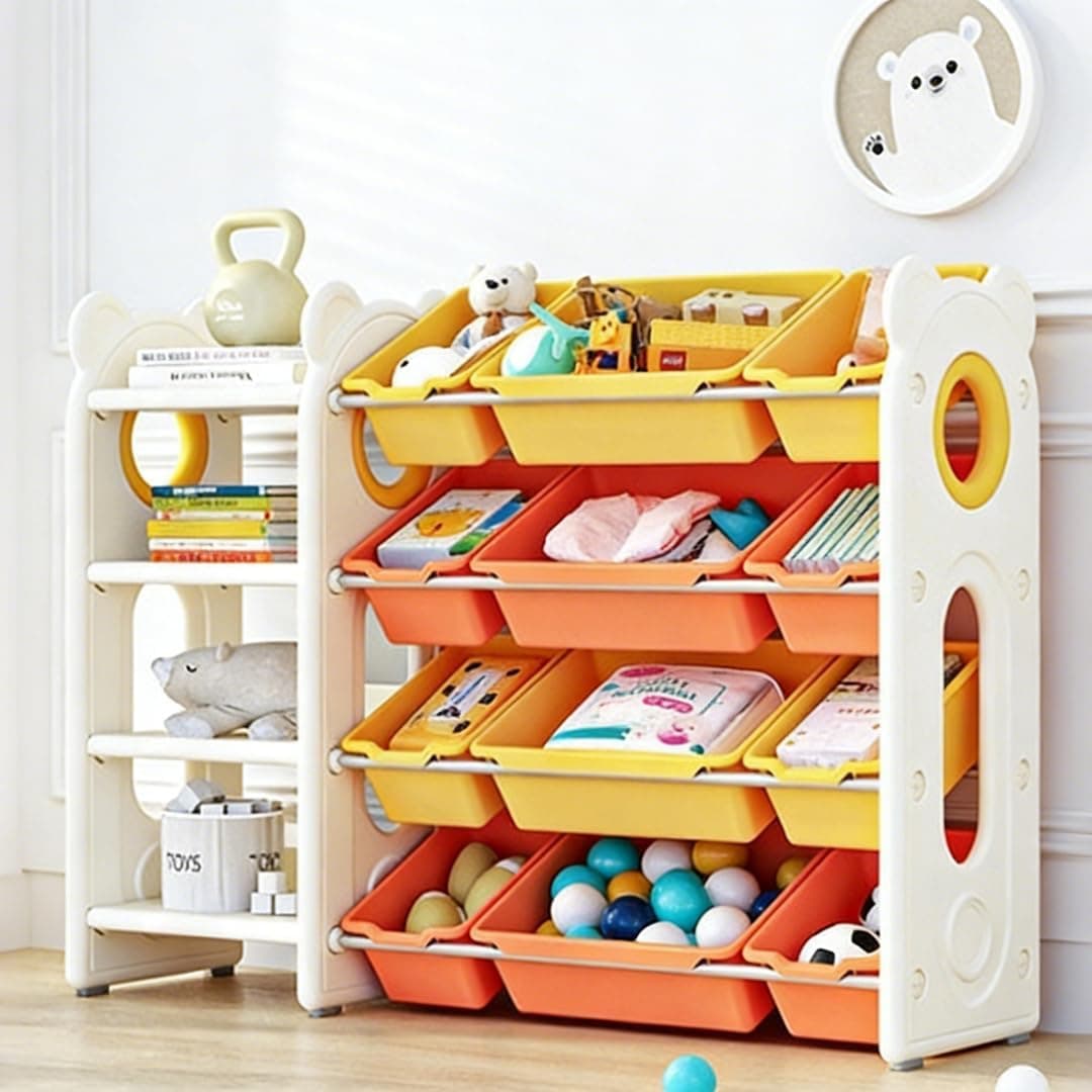 Tilted Front Toy Storage Organizer - 48" Wide HDPE Heavy Duty 3-in-1 Kids Furniture with 12 Bins for Baby Toddler - Montessori Playroom Organization for Legos & Stuffed Animals (Orange)