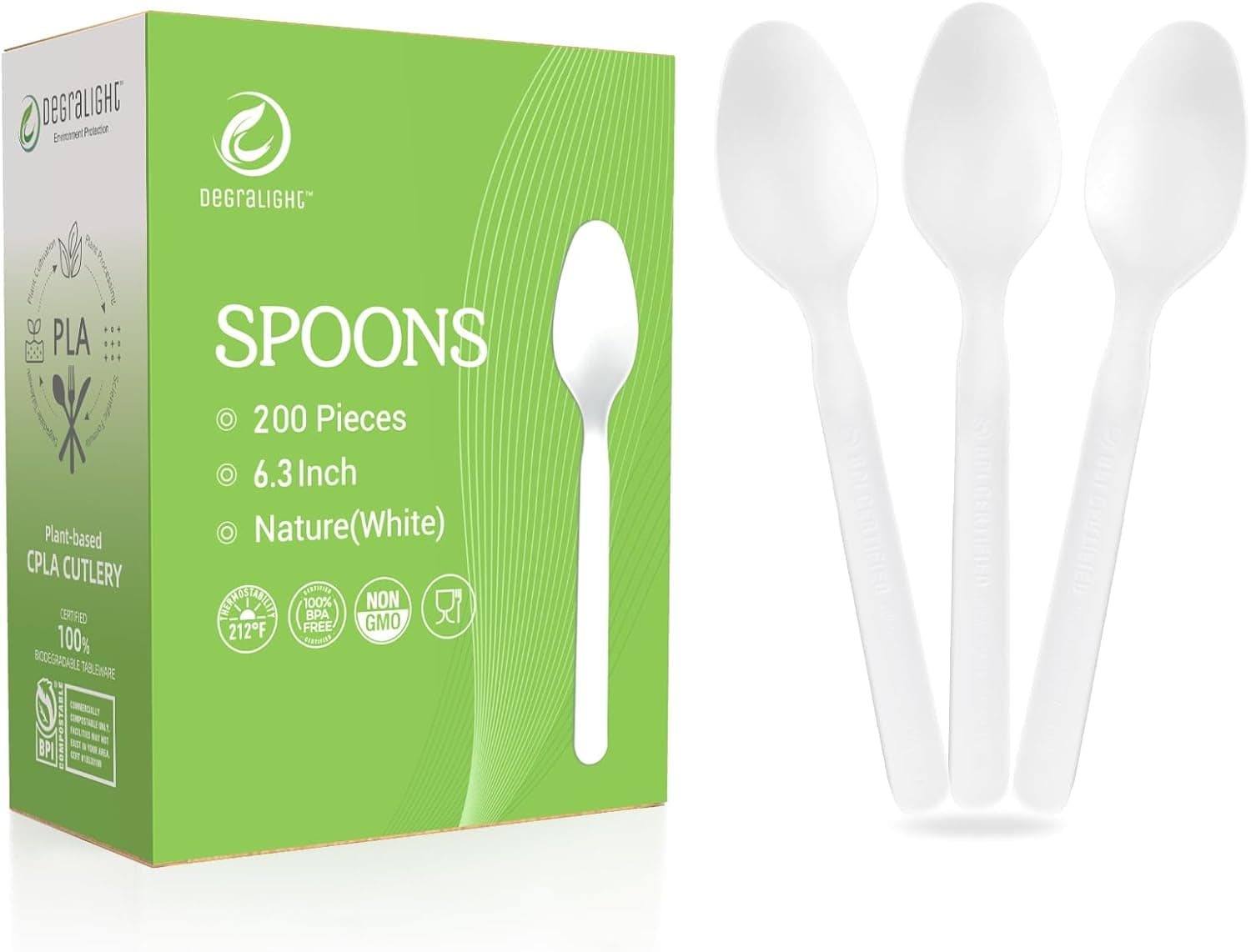 Compostable Spoons [200 Pcs] No Plastic Spoons Disposable BPI Certified BPA-Free, Heat Resistant, Heavy Duty Biodegradable Cutlery Disposable Utensils for Daily, Party & Camping