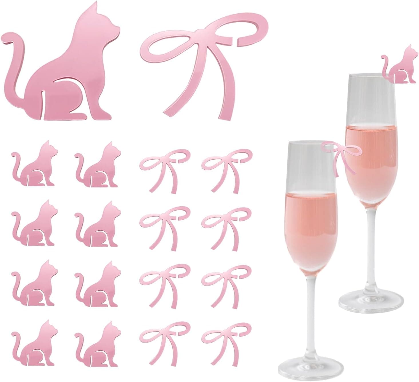 20 Pcs Bow Wine Glass Markers Cat Drink Charms, Pink Bowknot Drink Tag, Coquette Birthday Wedding Bachelorette Tasting Party Decoration