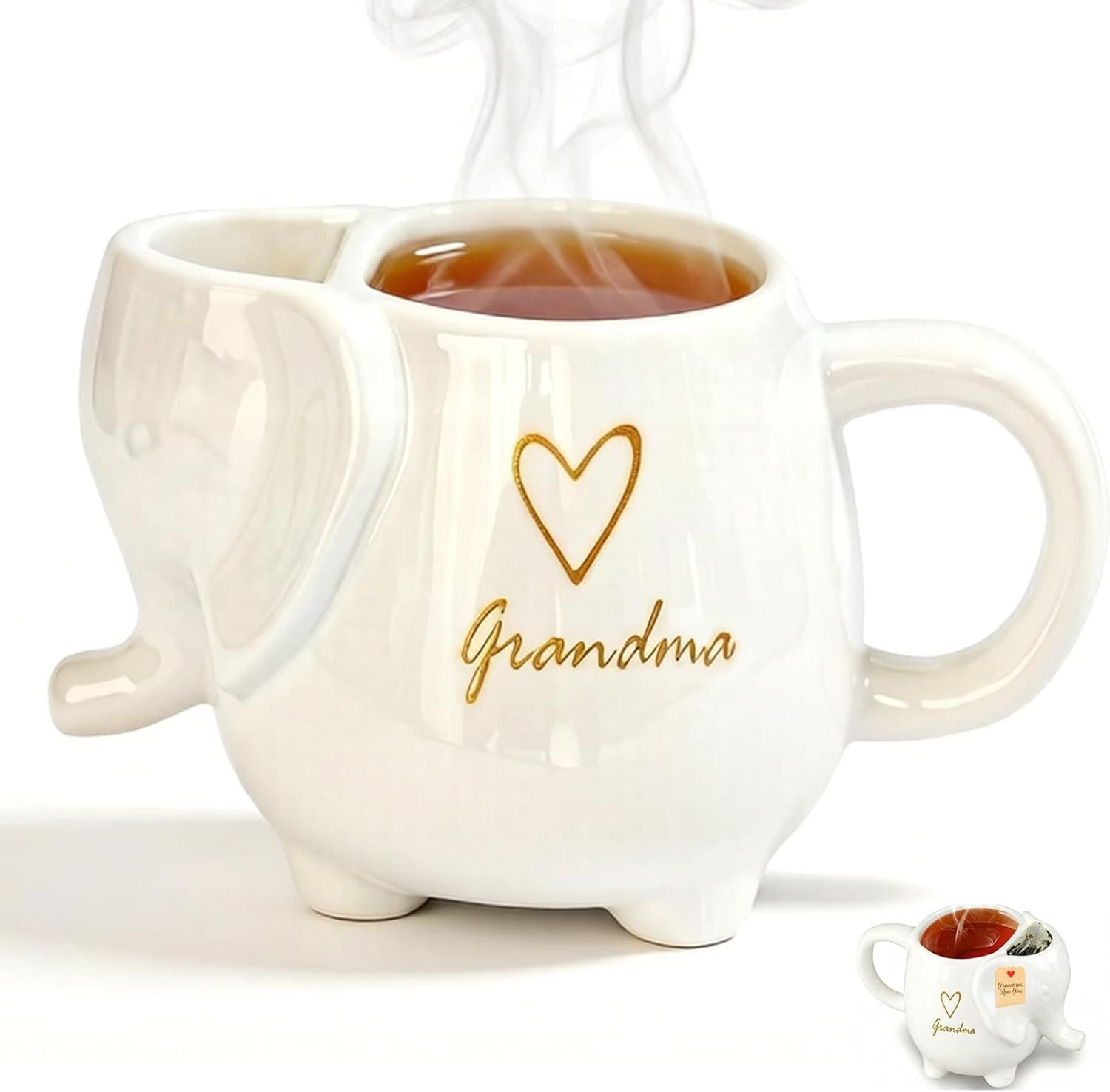 ZAGEVIVIN Elephant Ceramic Tea Mug with Tea Bag Holder, Grandma Design with Heart, White Stoneware Coffee Cup, 15 oz, Microwave and Dishwasher Safe (Grandma)