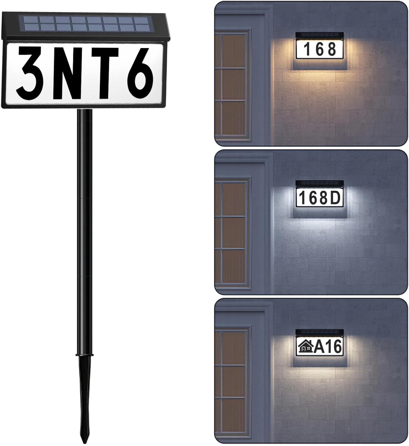 Solar Address Sign, Light Up House Numbers for Outside, 3-Color Illuminated LED Lighted Address Number with Stakes, Wall Mounted/In Ground Solar Powered Address Plaque for Yard Garden Home