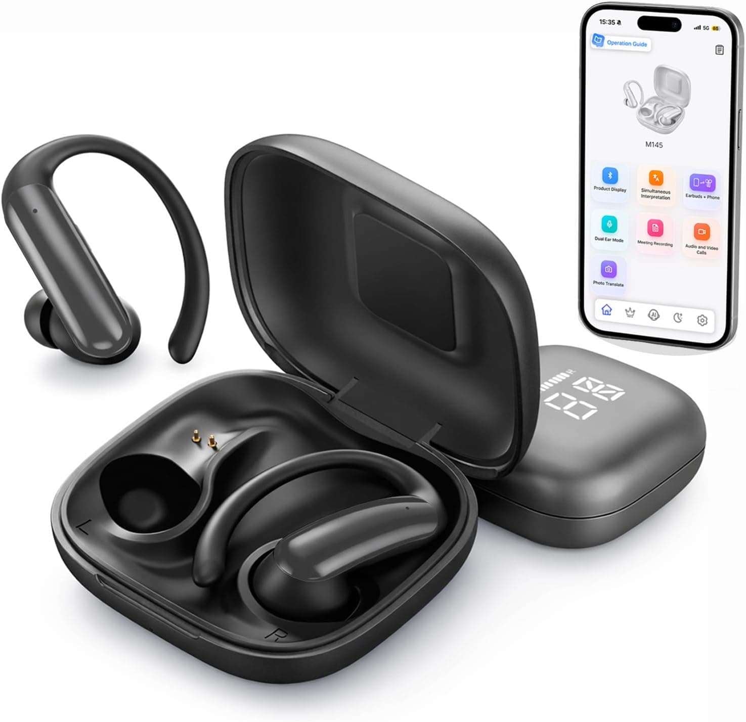linktoonex AI Translator Earbuds – Real-Time 139 Languages, LED Display, Open-Ear Design - image 1