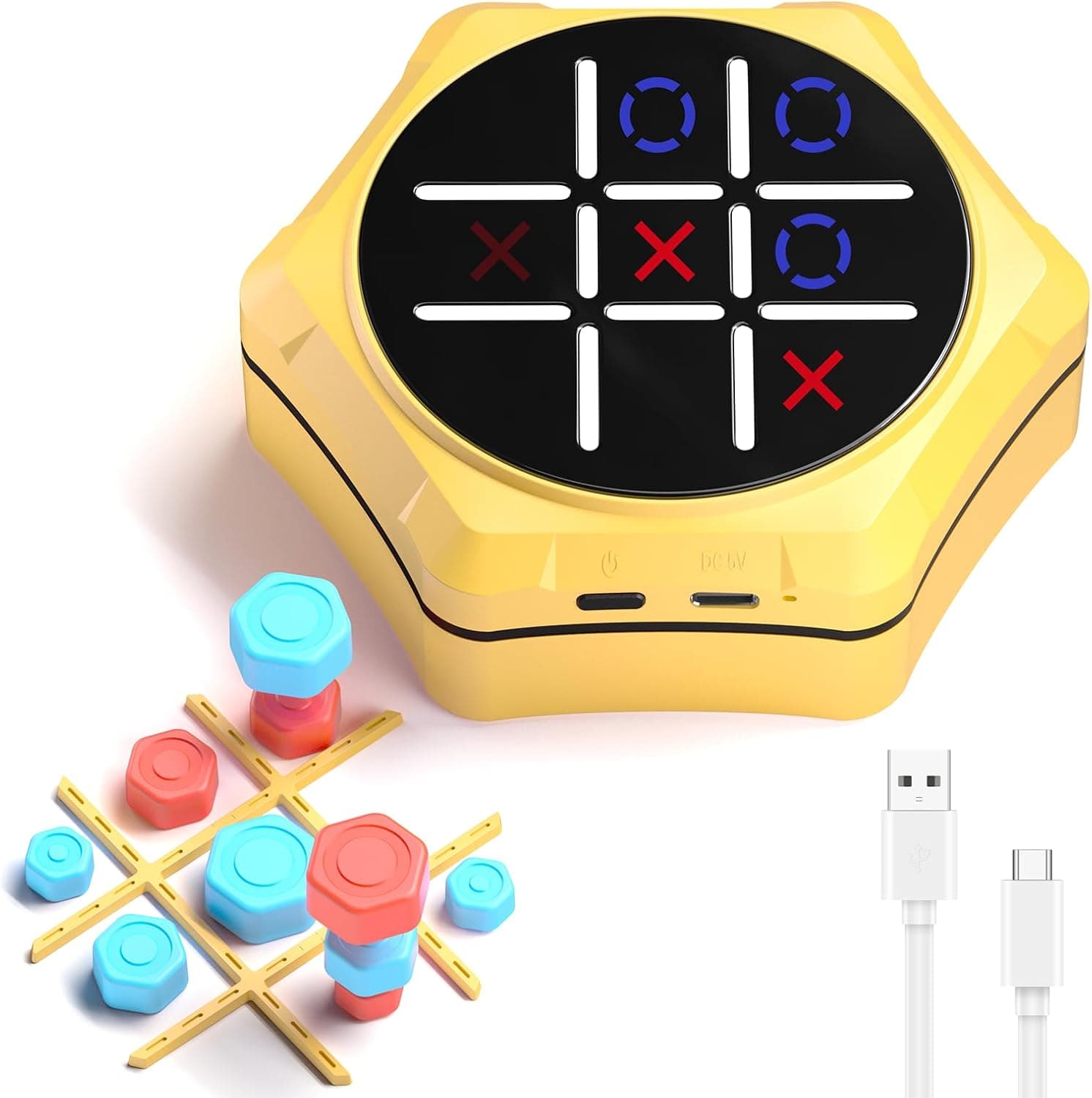 Electronic Tic Tac Toe Game, 5-in-1 Electric Tic Tac Toe with Mute & Rechargeable - Handheld Travel Board Game for Kids Ages 4+, Adults, Family - Educational Learning Toy for Boys Girls, Yellow