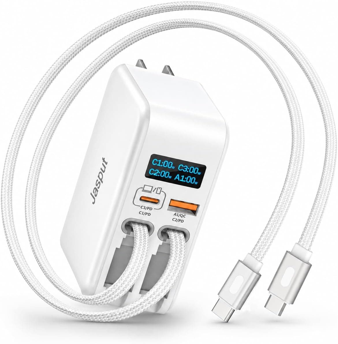 67W Retractable USB C Wall Charger, 4-in-1 GaN Charger Block with 3.3ft Built-in Dual USB C, LED Display, Foldable Travel Adapter for MacBook, iPhone, iPad, Galaxy