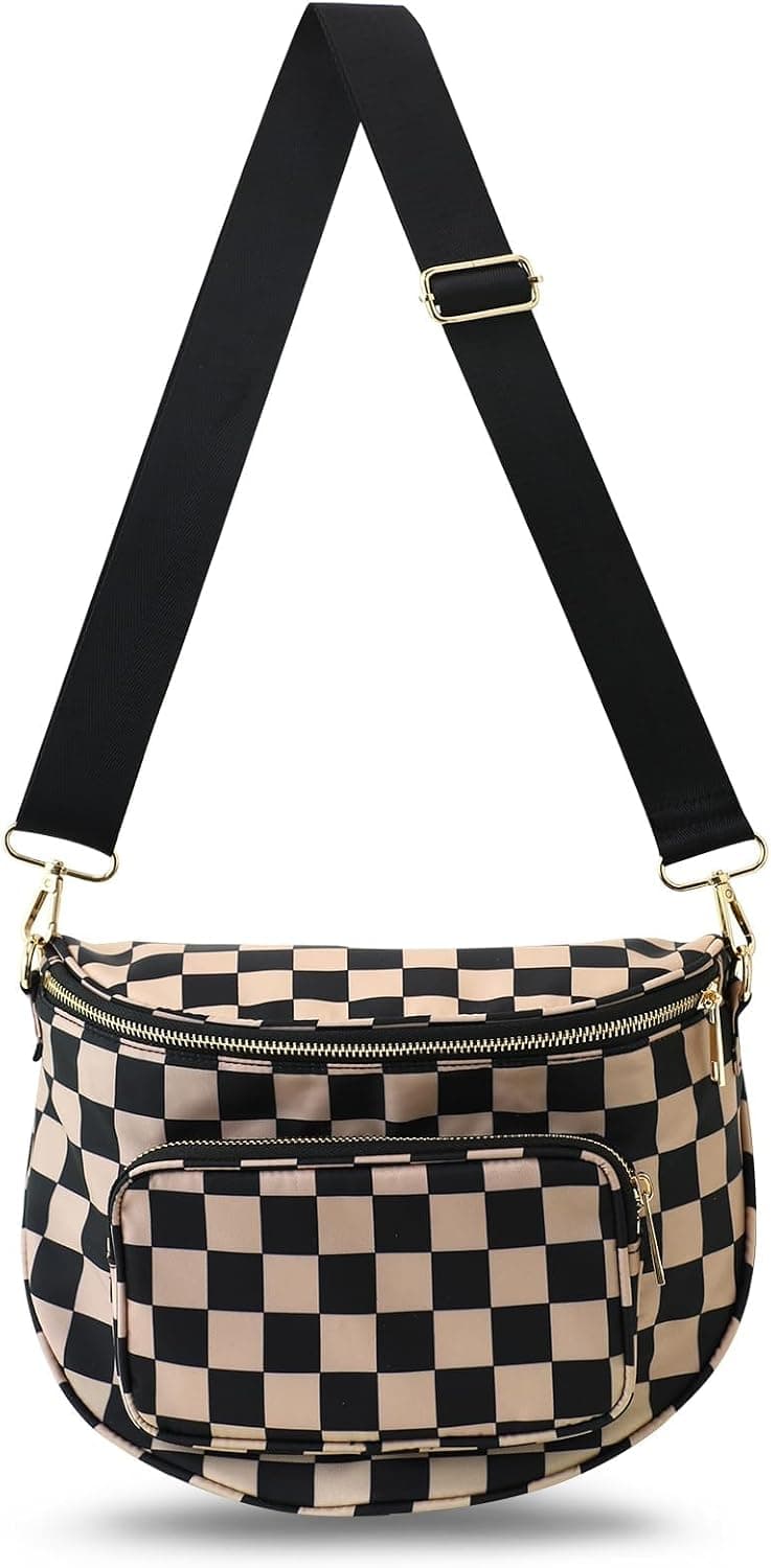 Large Checkered Bum Bag, Original Design Crossbody Purse, RFID Women Travel Fanny Pack, Boho Gift for Girls, Spacious with Wide Strap