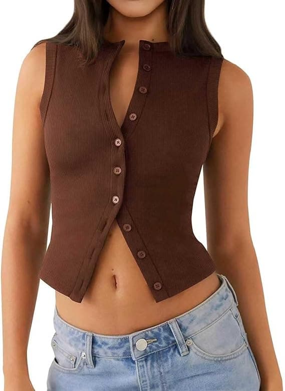 Relety Womens Crop Tank Tops Going Out Button Down Vest Seamless Ribbed Trendy Shirts Cute Sleeveless Summer Spring Y2K Cami - image 1