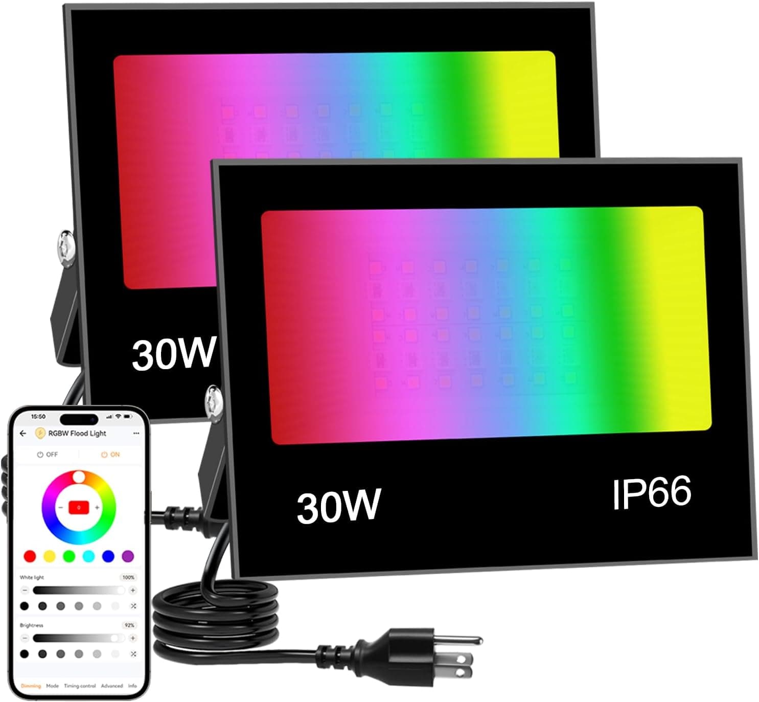 LED Flood Light Outdoor 30W RGB Color Changing, Smart Floodlights RGBW 2700K 3000LM Warm White & 16 Million Colors, 43 Modes Stage Lights, Grouping, Timing, IP66 Waterproof (2 Pack) - image 1
