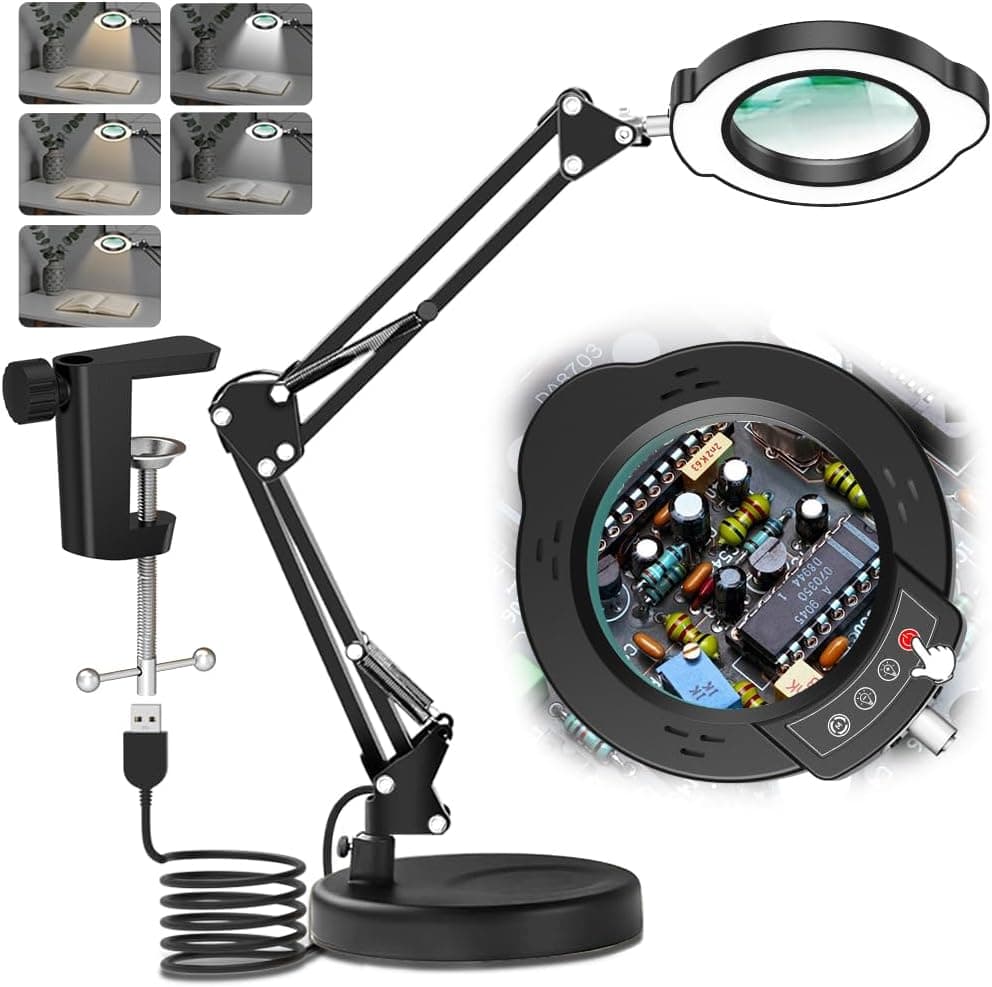 10X Magnifying Glass with Light and Stand,5 Color Modes Dimmable LED Desk Lamp with Clamp,2-in-1Adjustable Swing Arm Desk Crafts Magnifier for Reading,Jewelry,Repair,Painting,Hands-Free Precision Work