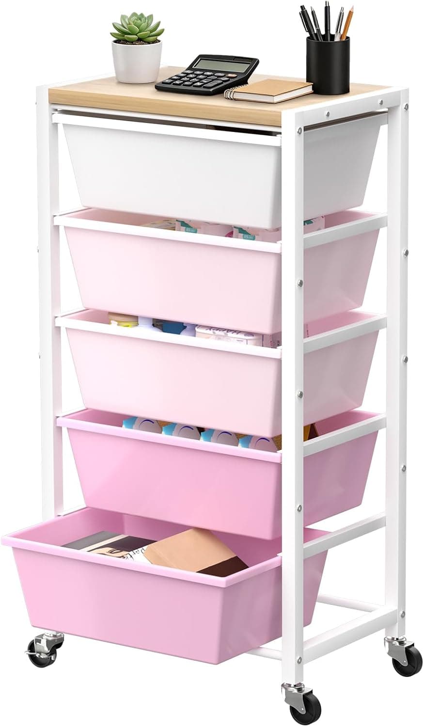 Rolling Cart with 5 Drawers, Plastic Drawer Storage Carts with Wheels & Wooden Tabletop, Metal Utility Cart for Office Bedroom Living Room Classroom, Craft Organization and Storage, Bright Pink - image 1
