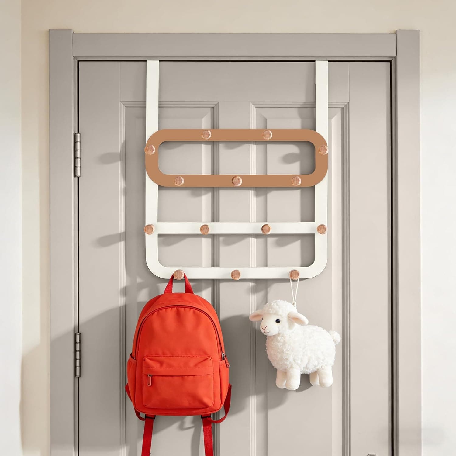 Over The Door Hooks for Kids Backpacks - 21.5" Extra Long Door Hanger Low Reach, 14 Wooden Ball Coat Rack for Nursery Bedroom Bathroom, White & Orange Purse Bag Towel Holder Organizer