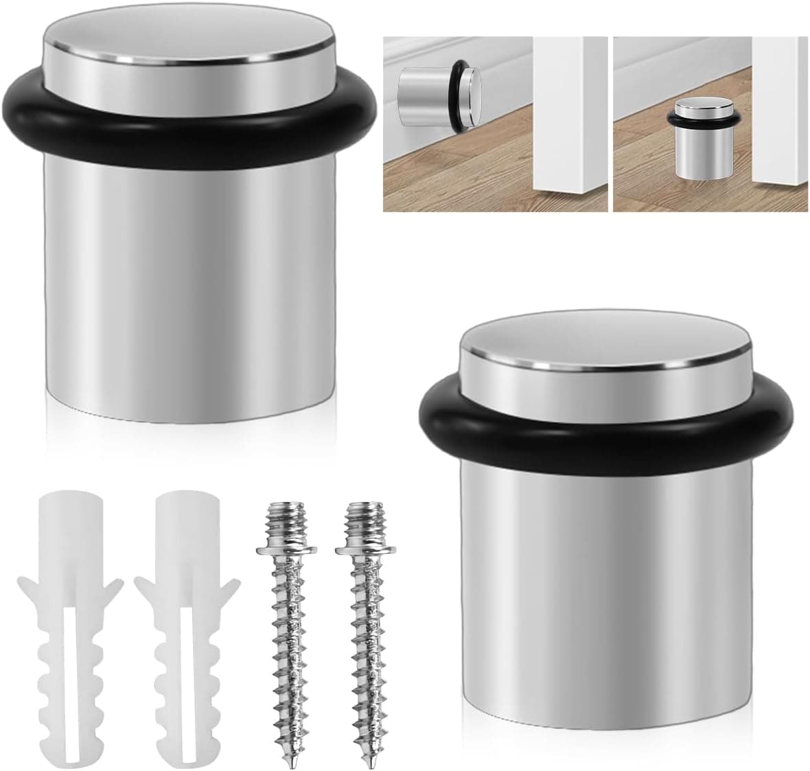 Set of 2 Door Stoppers Floor Stainless Steel Door Buffer for Wall Protection Robust Door Stopper for Screwing Floor Door Stopper with Rubber Ring - Door Holder Screwable for Door Protection