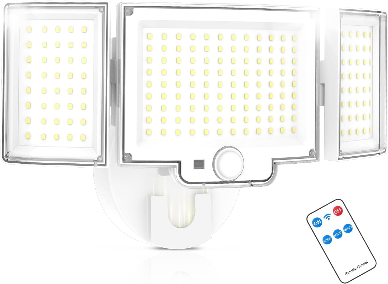 Motion Sensor Outdoor Light, 188 LED 4200LM Flood Lights Outdoor, 6500K Daylight, 3 Modes with Remote Control, IP65 Waterproof, Adjustable Heads, Hardwired 120V for Garage, Yard, Porch, 1 Pack White