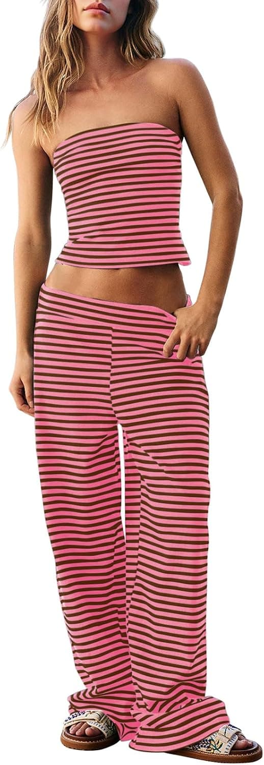 Dokuritu Two Piece Sets for Women Summer Sleeveless Outfits Lounge Sets Striped Tube Top and Wide Leg Pants Beach Vacation