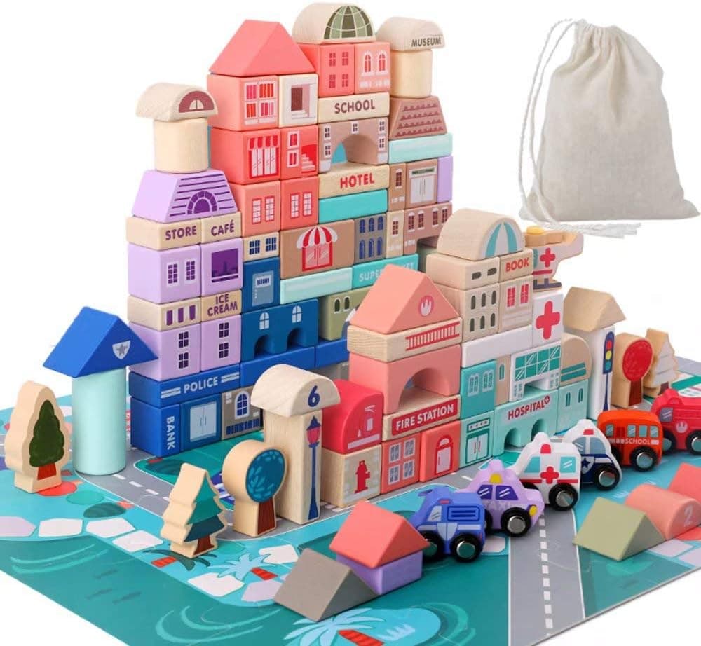 Wooden Building Blocks Set 115PCS, Toddler City Construction Stacking Toys with Play Mat & Vehicles, Montessori Educational Learning Toy for Kids, Gifts for 3 4 5 Year Old Boys Girls - image 1