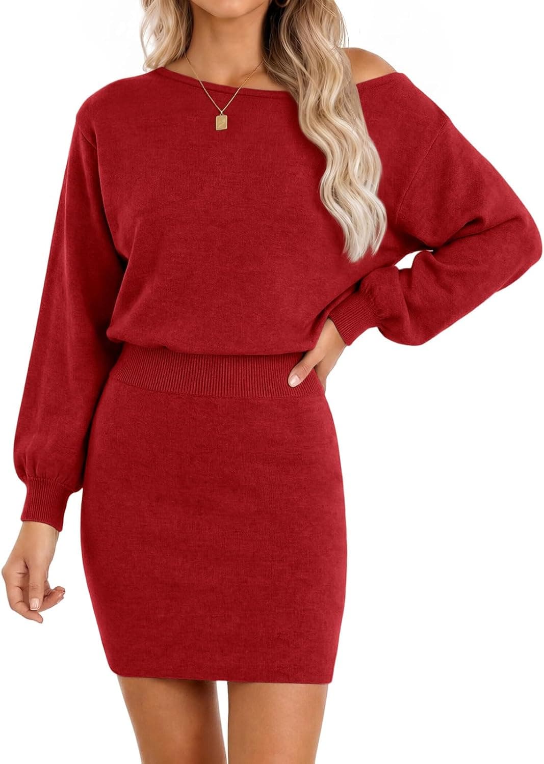 Wenrine Women Off the Shoulder Sweater Dress Long Sleeve Knit Mini Dresses | Fall Winter,Boat Neck,Casual,Stretchy, Elastic Waist,Pullover,Short Dress - image 1