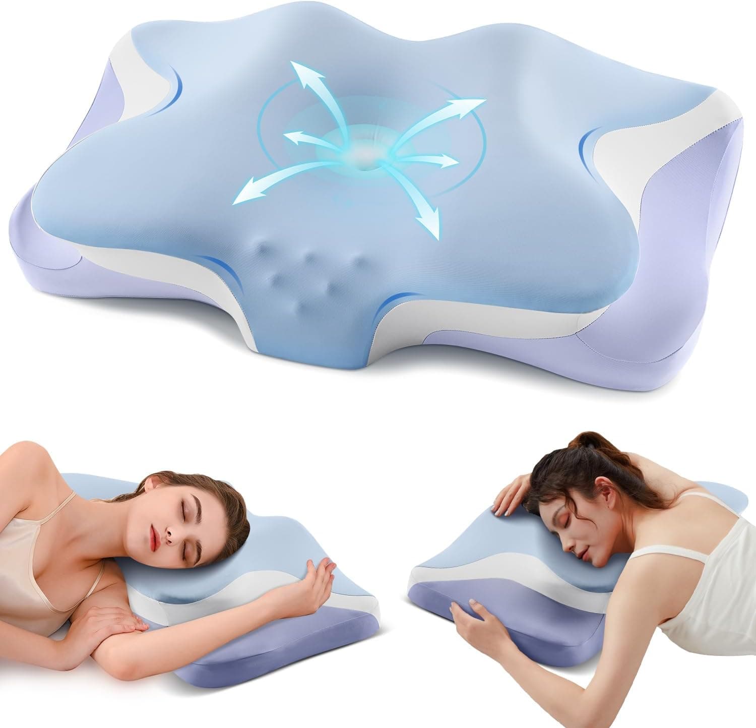 Cervical Pillow for Neck Pain Relief - Cooling Ergonomic Memory Foam Pillows for Sleeping, Contour Neck Support Pillow for Side, Back, Stomach Sleepers with Anti-pilling Pillowcase Queen Size-Ice Blue - image 1