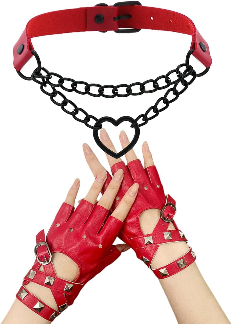 2 Pcs Leather Fingerless Gloves with Heart Choker Necklace Punk Gloves Goth Cosplay Costume - image 1