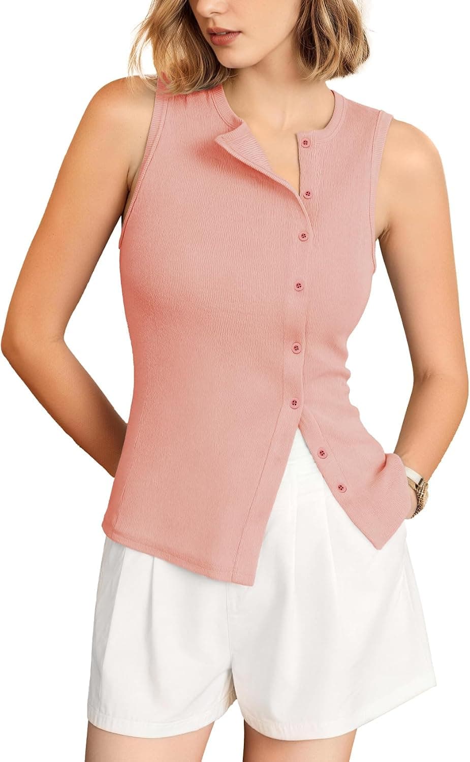 Outfeel Women's Asymmetric Button Down Tank Top - Cute Casual Ribbed Knit, Form-Fitting Slim Fit Sleeveless Cami Summer Top