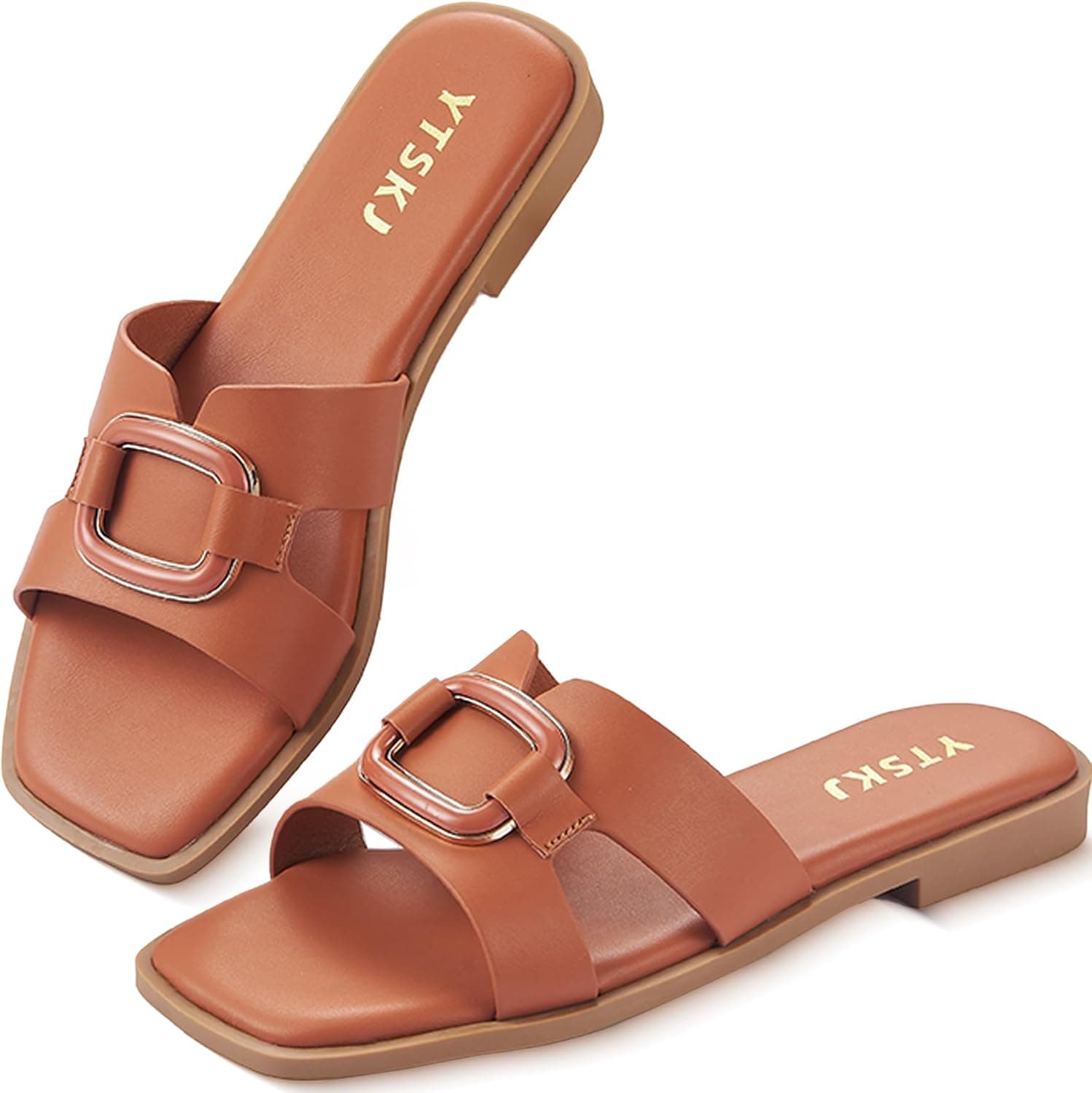 Womens Sandals Slip On Flat for Summer Comfortable Ladies Dressy Fashion Square Open Toe Slides Faux Leather Casual Shoes with Metal Decor Size 6-11