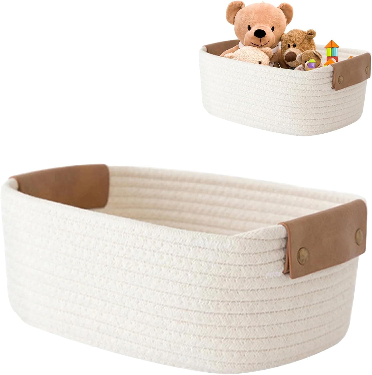 Braided Cotton Rope Storage Basket, Cotton Basket with Strong Leather Handles, Small Shelves Baskets for Bedroom, Home Office, Desk and Room