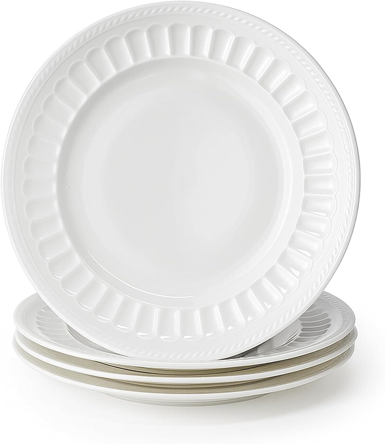 Bone China Appetizer Plates Set of 4, White Embossed 8'' Ceramic Small Plates for Salad, Dessert, Appetizer, Steak, Serving Dishes for Kitchen, Microwave, Oven & Dishwasher Safe