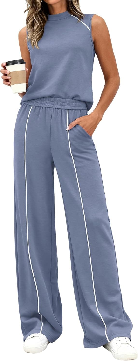 BTFBM Two Piece Sets for Women Summer Outfits 2026 Lounge Sets Mock Neck Tops Wide Leg Pants Travel Fashion Clothing - image 1