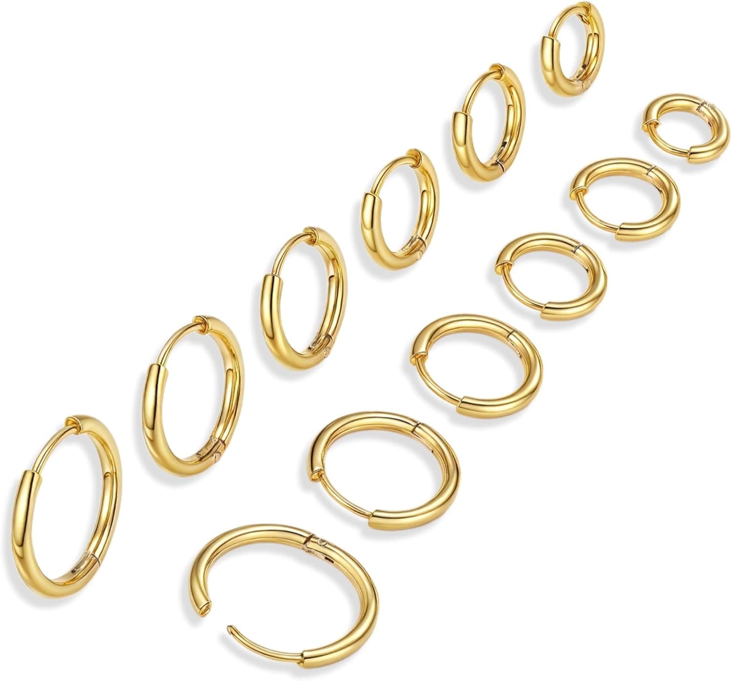6 Pairs 14K Gold Plated Huggie Hoop Earrings for Women - Lightweight Minimalist Small Hoops, Hypoallergenic Nickel-free Lead-free, Non-Tarnish Everyday Jewelry for Sensitive Ears, Multiple Piercing Stack Set