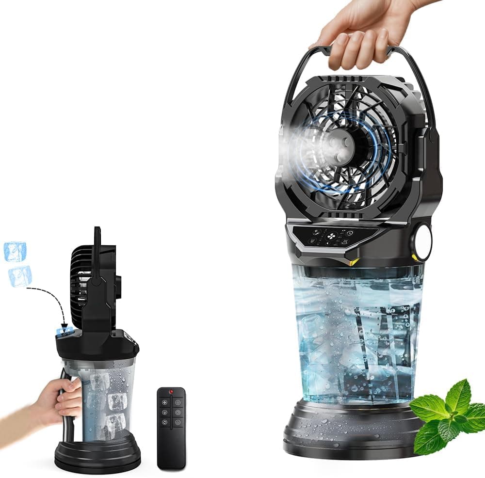 2026 New Portable Misting Fan with 30000mAh Rechargeable Battery, 120° Auto Oscillating Battery Powered Fan, 4 Speeds Spray Fan with LED ambient light for Camping, Patio, Outdoor, Travel (Black) - image 1
