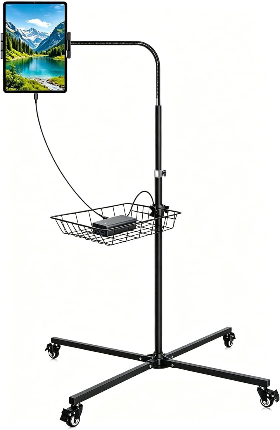 Premium Rolling Tablet Floor Stand with Heavy Duty Industrial Wheels & Storage Basket, Tall Adjustable iPad Stand Floor on Wheels, Universal Mount Holder for iPad Pro, Air, Mini, Phone