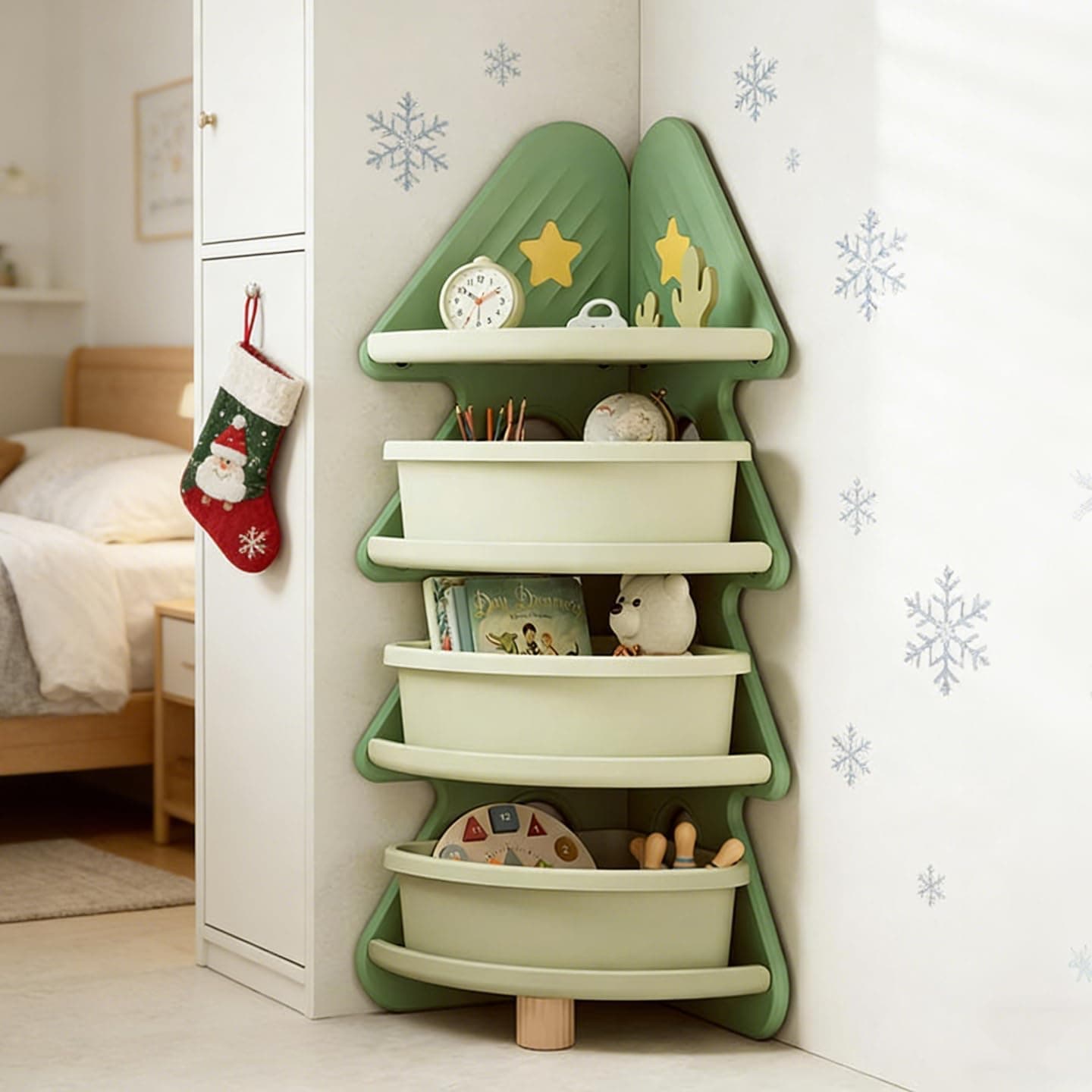 4-Tier Corner Bookshelf, Tree-Shaped Storage Organizer for Books & Toys, Space-Saving Freestanding Bookcase for Living Room, Bedroom, Office, Easy Assembly, Green