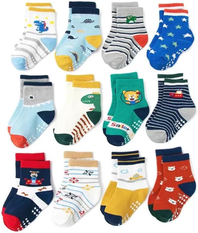 12 Pairs Anti Slip Socks With Grips, Funny Children Ankle Toddler Boys Girls Baby Socks for Ages 1-7