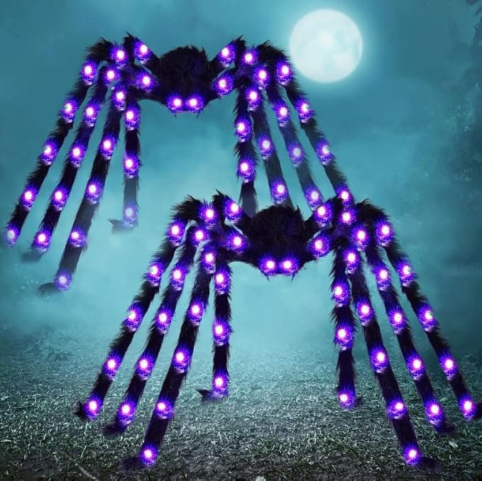 JOYIN 2 Pack 5 Ft Halloween Light Up Spiders Outdoor Decorations, Scary Giant Spider with Purple LED, Fake Large Haunted House Props, for Halloween Lawn Porch Yard Garden Tree Outside Indoor Decor