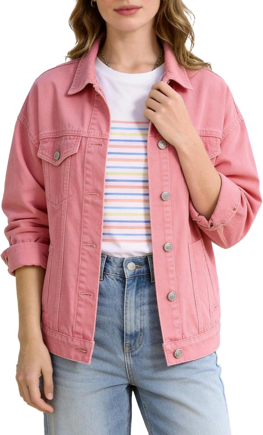 Flygo Womens Button Down Denim Shirt Lightweight Chambray Long Sleeve Blouse Tops Casual Lapel Collar Shacket with Pockets