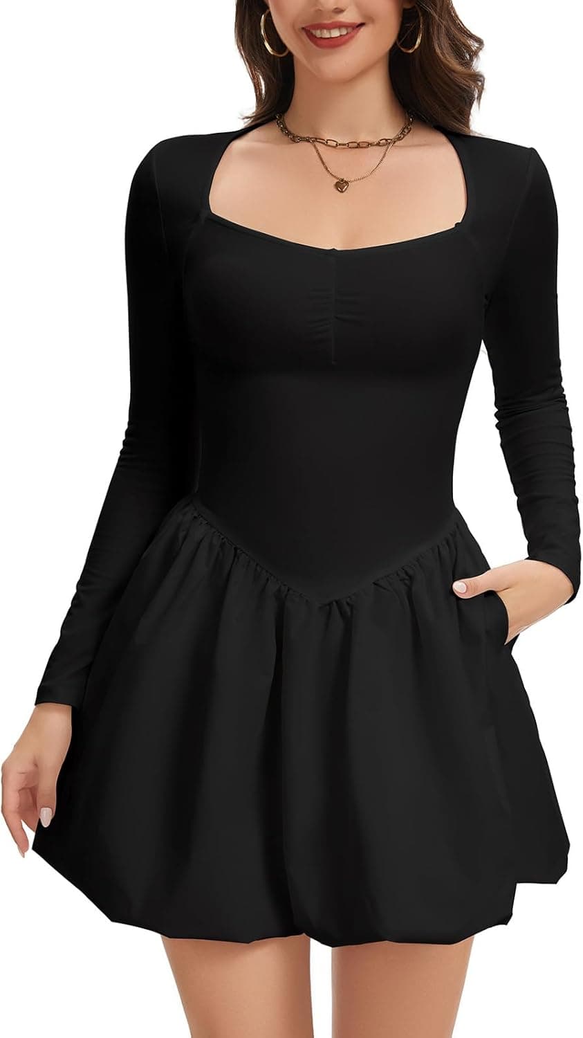 CAPE CLIQUE Long Sleeve Mini Dress for Women Sweetheart Neck Casual Bubble Dress A Line Drop Waist Short Dress with Pockets - image 1