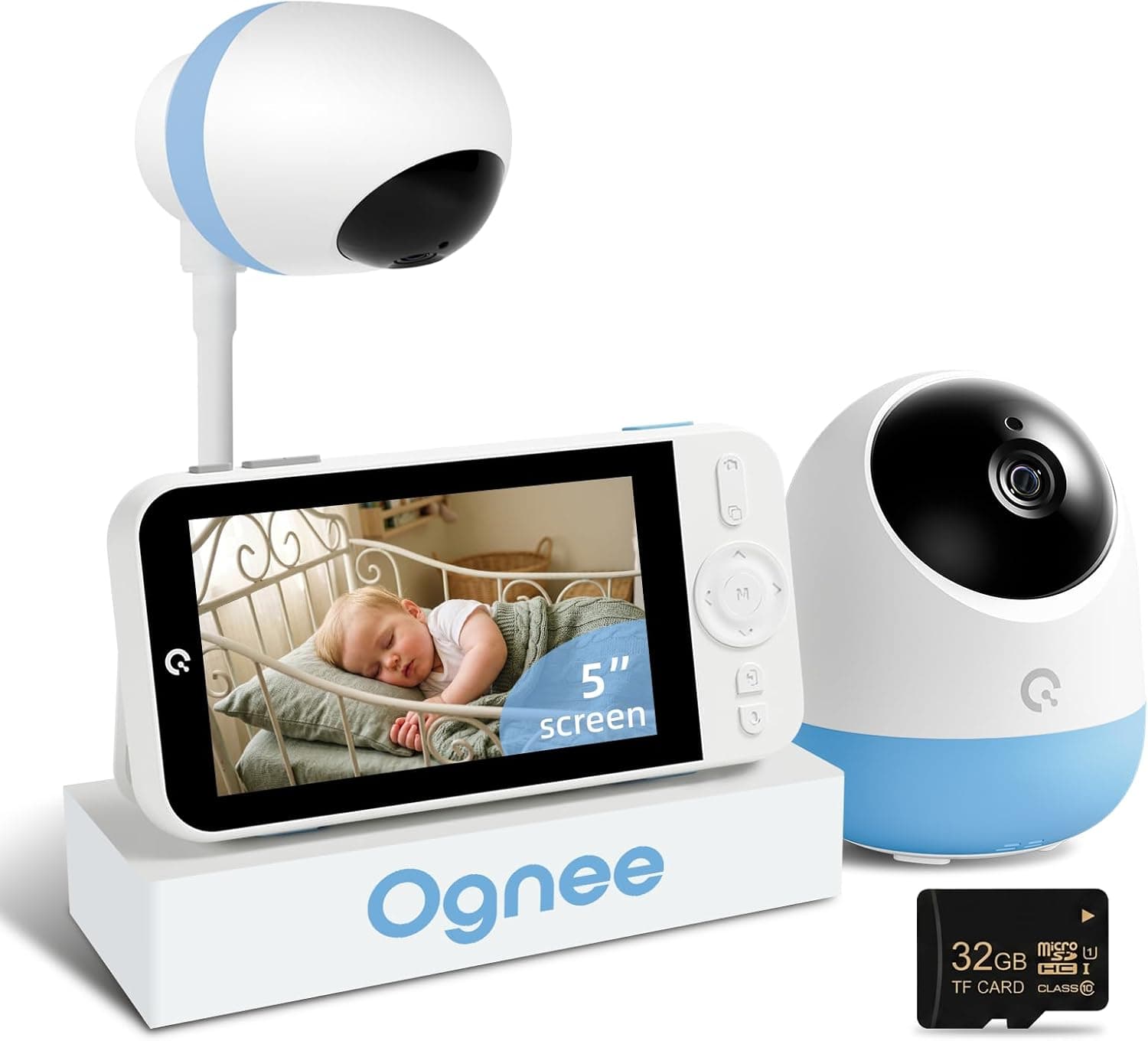 Ognee Baby Monitor with Camera and Audio, 5" IPS 2K Display, 6000mAh Battery, SD Card, Remote Pan-Tilt-Zoom, 2-Way Talk, No WiFi Needed, Night Vision, Safety Zone Alert, 24/7 Recording