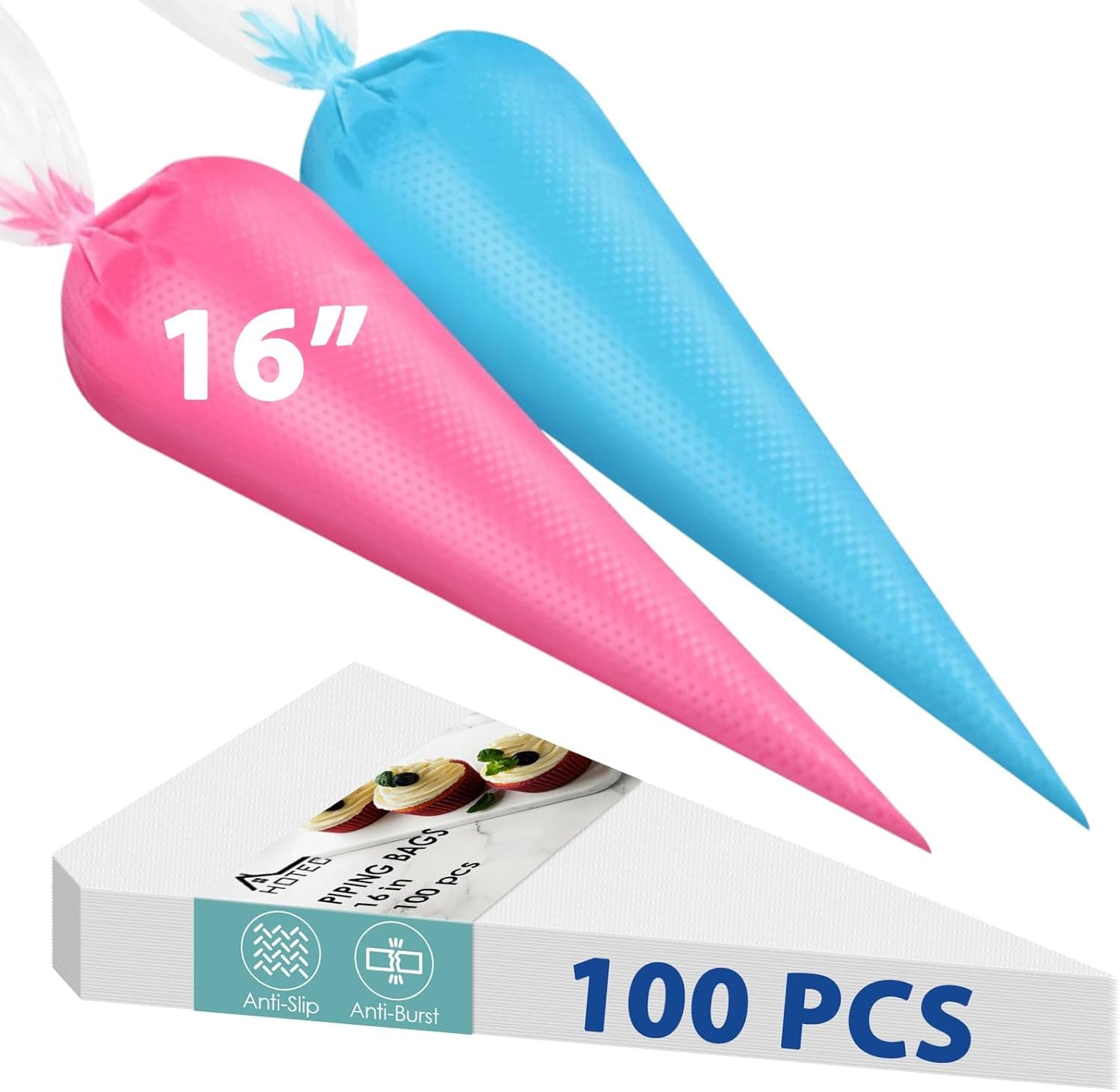 HOTEC 100Pcs 16 Inch Anti-Burst Disposable Piping Bags, Non-Slip Food Grade BPA-Free Pastry Bags for Cake, Cupcake, Cookie Cream Frosting Decorating Baking Supplies