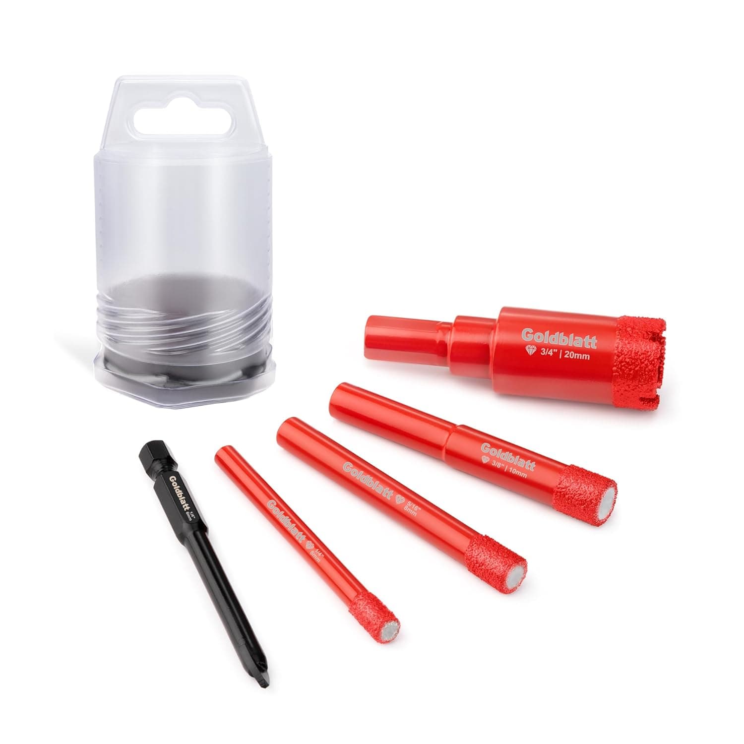 Goldblatt Diamond Drill Bits for Tile, 5 Pcs Set 1/4", 5/16", 3/8", 3/4" Drill Holesaw and 6mm Carbide Drill, Quick Fit Hex Shank for Ceramic, Porcelain, Marble, Granite (not for Wood)