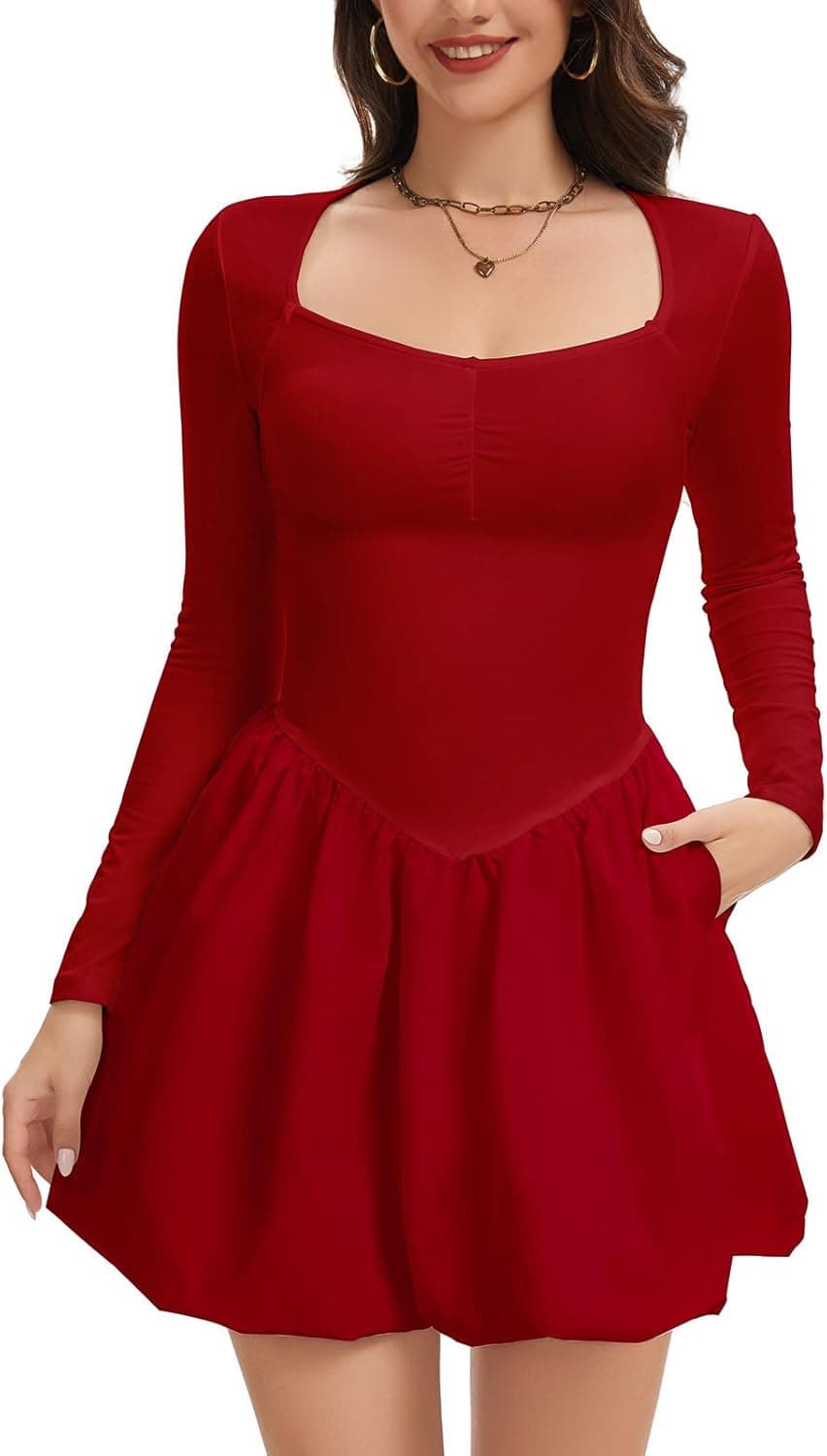 CAPE CLIQUE Long Sleeve Mini Dress for Women Sweetheart Neck Casual Bubble Dress A Line Drop Waist Short Dress with Pockets - image 1