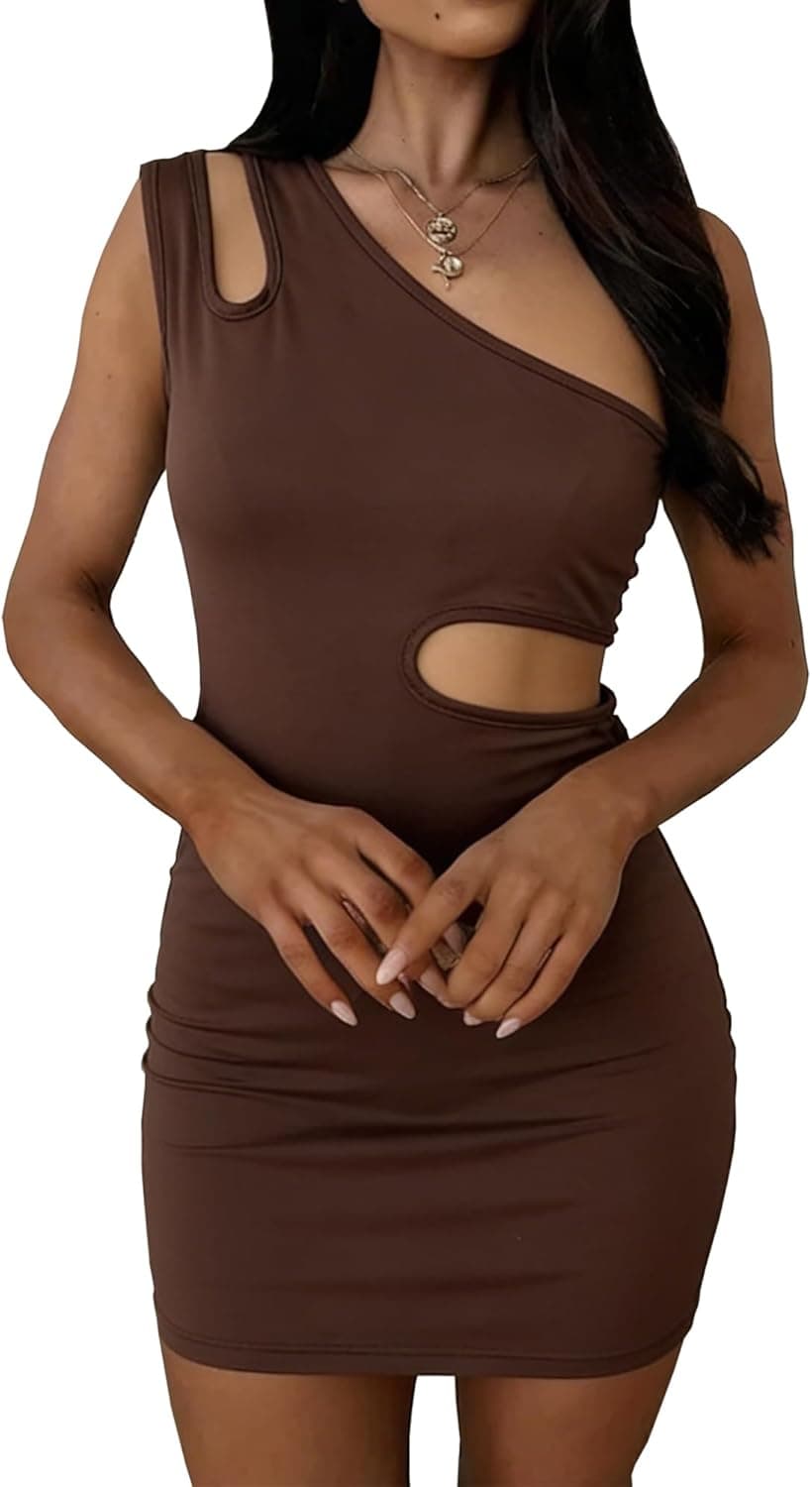 Womens Sexy One Shoulder Bodycon Mini Dress Asymmetrical Cut Out Slim Fit Party Club Going Out Short Dresses