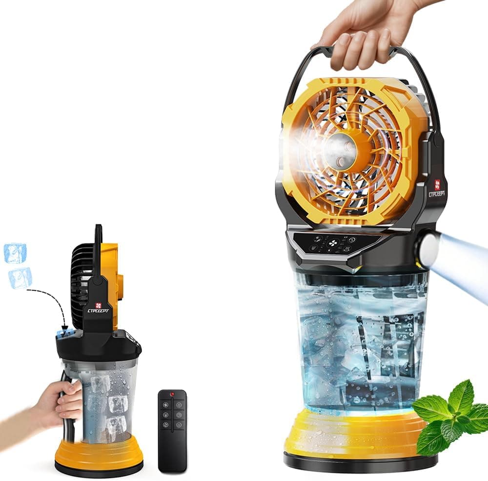 2026 New Portable Misting Fan with 30000mAh Rechargeable Battery, 120° Auto Oscillating Battery Powered Fan, 4 Speeds Spray Fan with LED Battery Indicator for Camping, Patio, Outdoor, Travel (yellow)