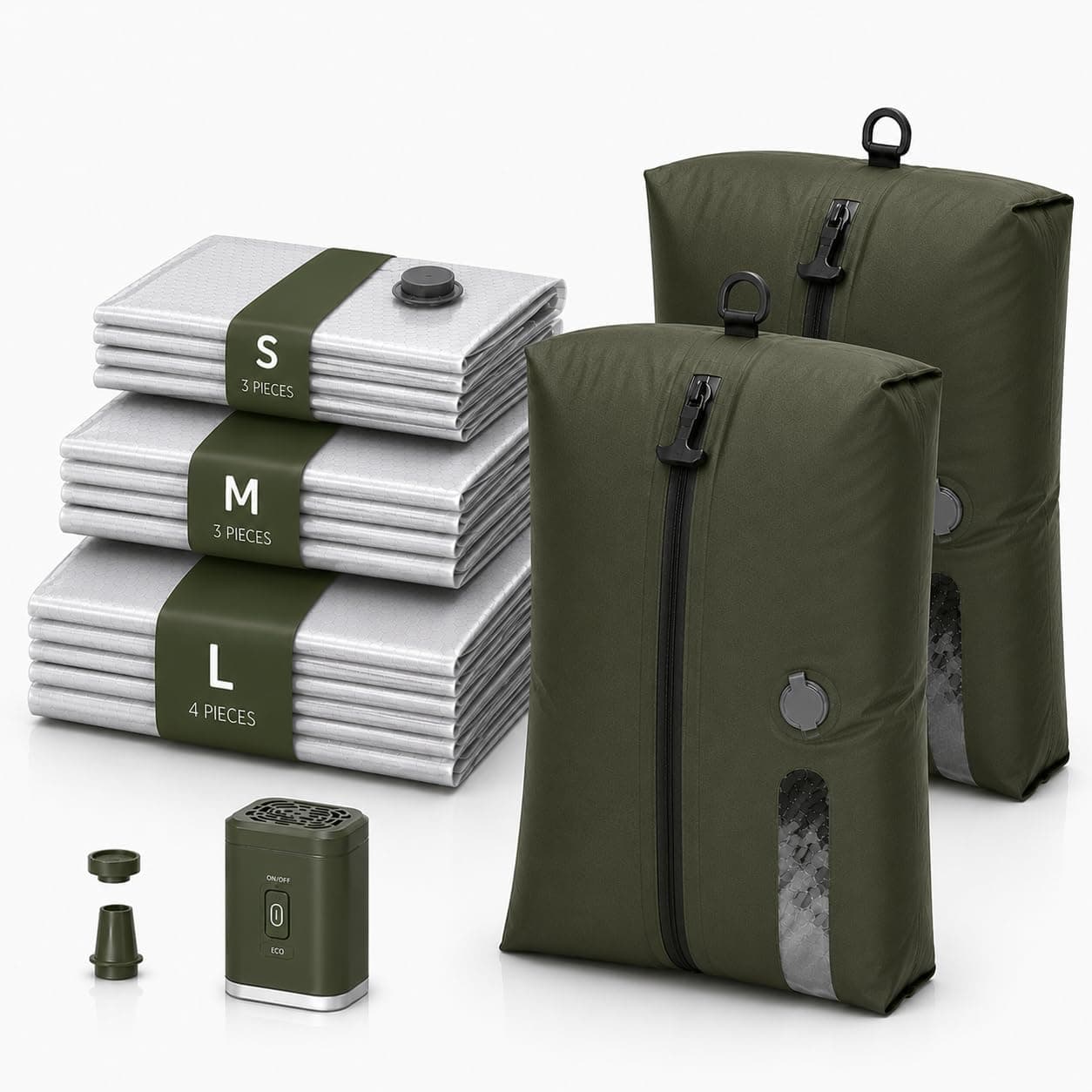 12 PCS. Travel Vacuum Bags with Pump for Home/Travel, TPU&PAPE 2 Pack Waterproof Storage Bags & 10 Vacuum Seal Bags, Space Saver Compression Packing for Clothes, Carry-on Luggage - Green