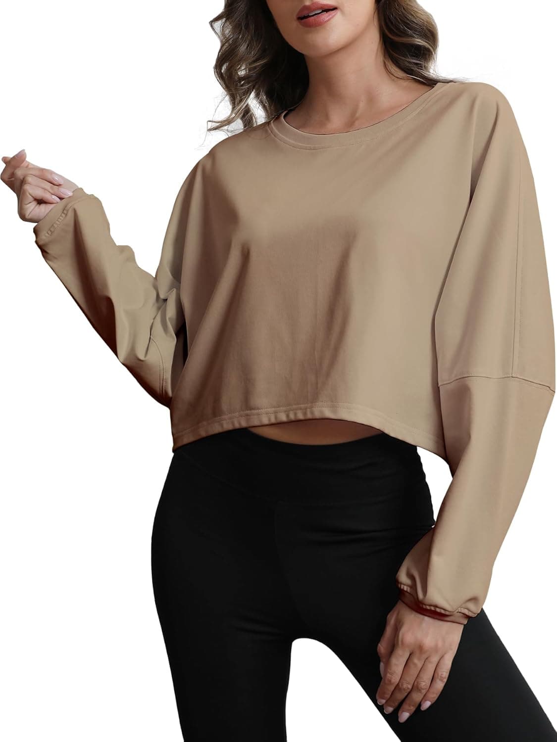Womens Cropped Sweatshirt Loose Fit Workout Tops - Crewneck Pullover Long Sleeve Casual Fashion Sweaters Dark Khaki XL