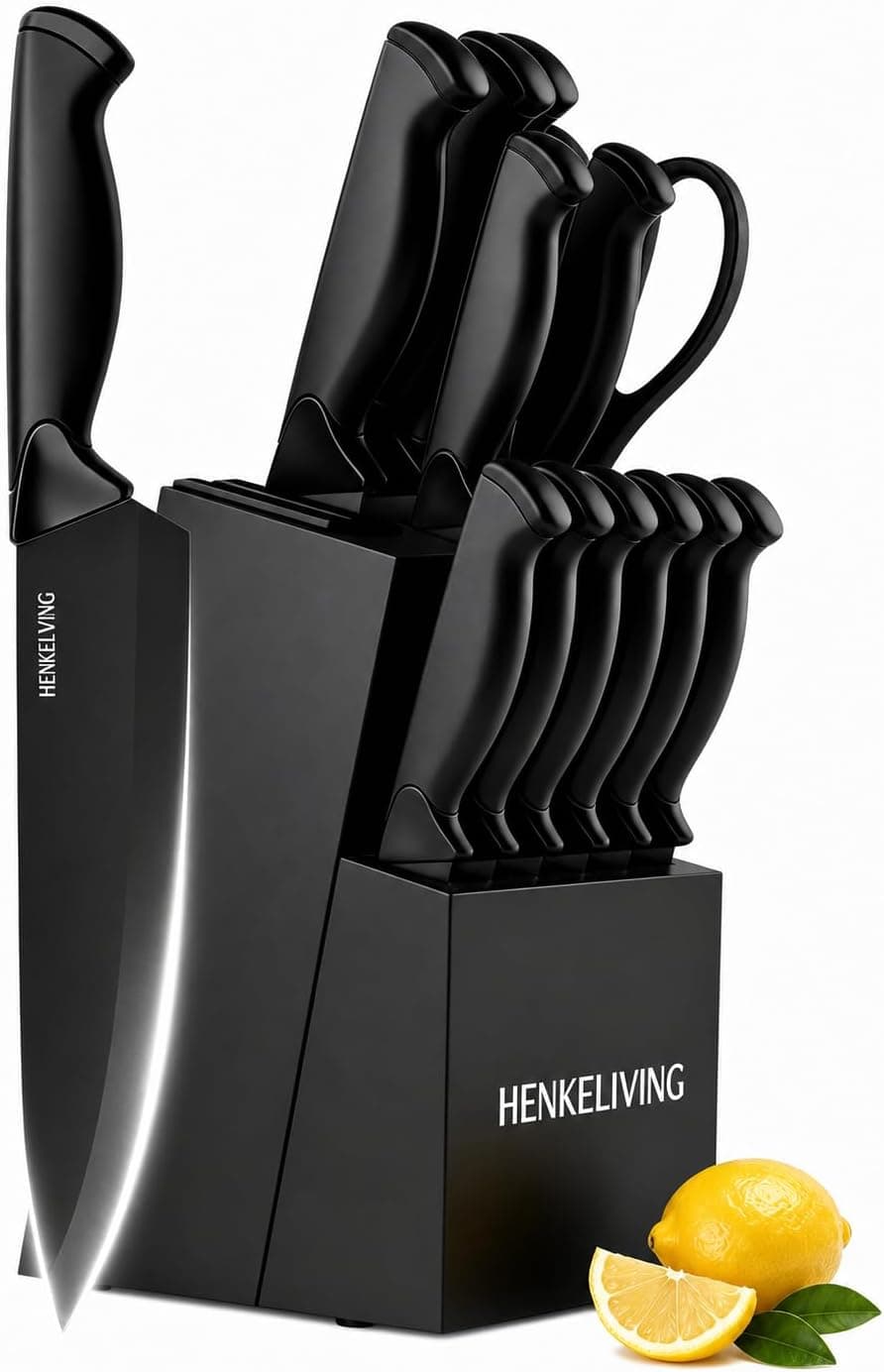 Knife Set, 14-Piece Kitchen Knives Set with Block, Built-in Sharpener, German High Carbon Stainless Steel, Ergonomic Non-Slip Handles, Black - image 1