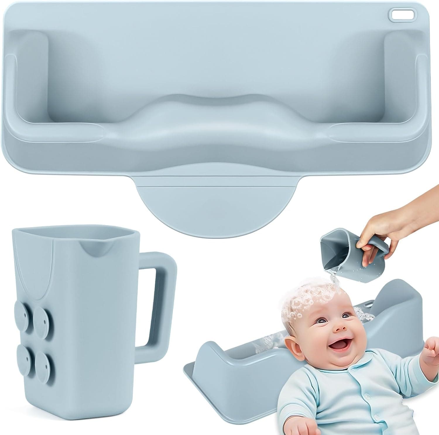 Hair Washing Station for Kids, Portable Hair Washing Basin for Sink or Bathtub, Silicone Shampoo Bowl with Rinser Cup, Sink Hair Washing Neck Support for Kids, Blue - image 1